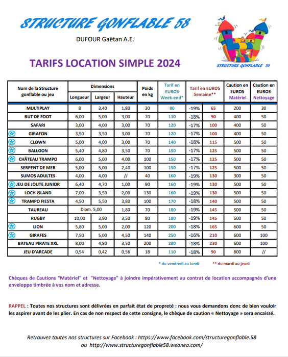 TARIFS 2024